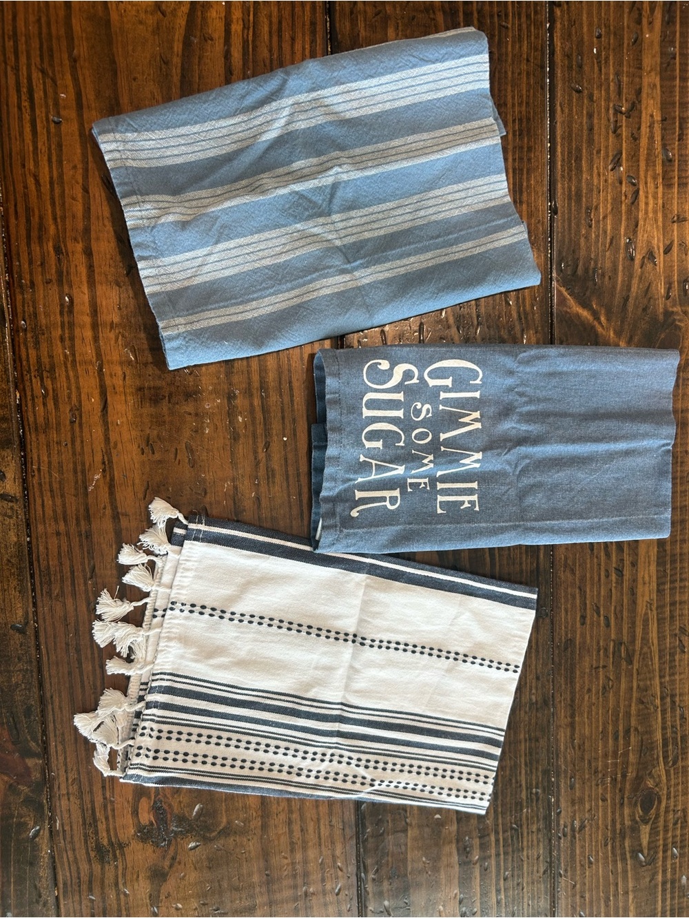 Blue Stripe Kitchen Towel Set with Tassels and Printed Accent